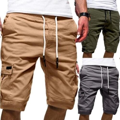 Men Stylish Summer Solid Color Multi Pockets Drawstring Fifth Pants Beach Shorts male Casual Camouflage Jogger Pants
