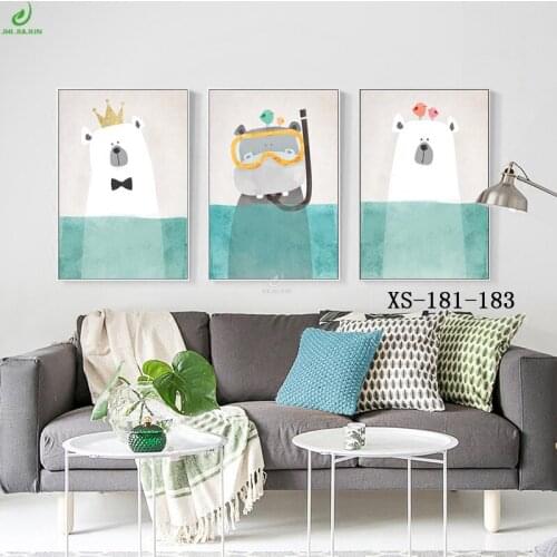 Modern Canvas Art Nordic Kawaii Animals Bear Hippo Poster Print Nursery Wall Art Picture, no Frame Childrens Room Decor