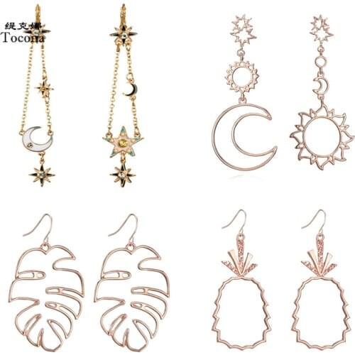 Tocona Vintage Rose Gold Sun Moon Star Leaf Pineapple Charm Long Piercing Drop Dangle Earring Brincos for Women Jewelry