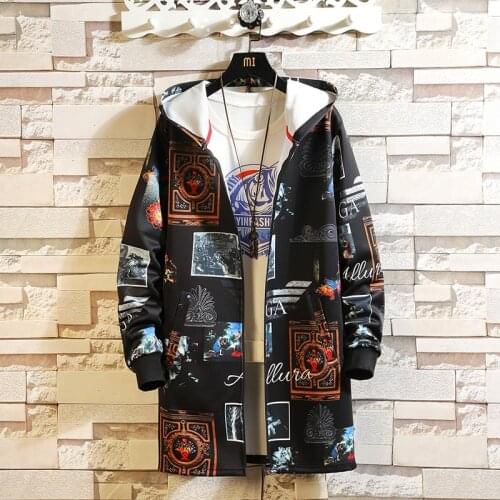 Men Cardigan Pattern Printed Trench Spring Autumn Coat Fashion Long Loose Overcoat Casual Outwear Hooded Jacket Male