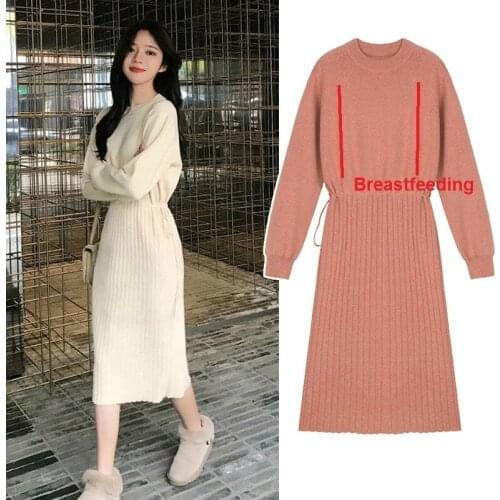Moms Slim Nursing Long Dress Autumn Winter Maternity Nursing Knitted Sweaters Dress for Pregnant Women Breastfeeding Hot