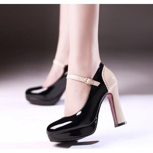 Womens Patent Leather black Wedding Shoes Fashion Platform Shallow Women Pumps Concise Buckle Super High Heels Party Shoes Woma