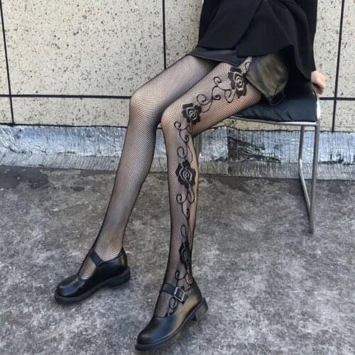2021 Women Gothic Punk High Waist Tights Heart Rose Spiderweb Patterned Pantyhose Sheer Mesh Fishnet Jacquard Stockings