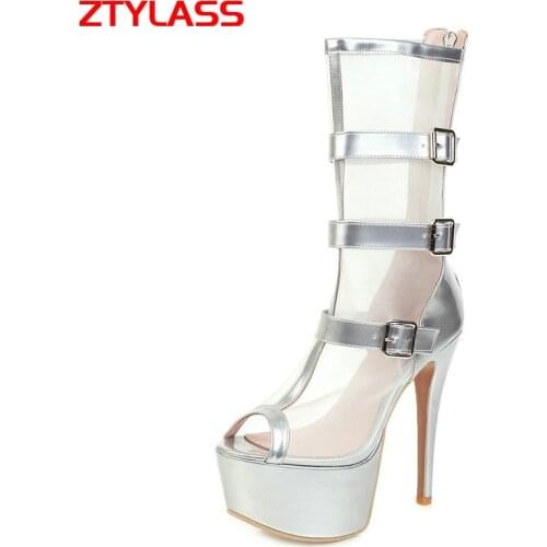 Women Patent Leather Peep Toe Mid Calf Boots Fashion Buckle Breathable Mesh Boots Lady Thin High Heel Zipper Summer Women Boots
