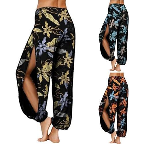 Fashion Women Floral Print Side Slitting Long Harem Pants Bloomers Yoga Trousers Women Long Harem Pants Bloomers Yoga Trousers