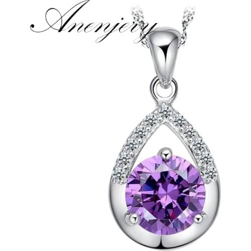 ANENJERY 925 Sterling Silver Jewelry Angles Tear Zircon Drop Pendant Neckace For Women Gift Water-wave Chain choker S-N110