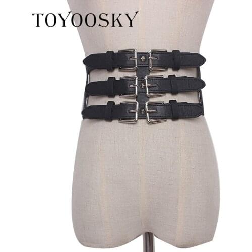 2019 New Arrival PU Fashion Belts for Women Hollowing out Three Pin Buckle Belt Elastic High waist Lady Belt for Skirt TOYOOSKY