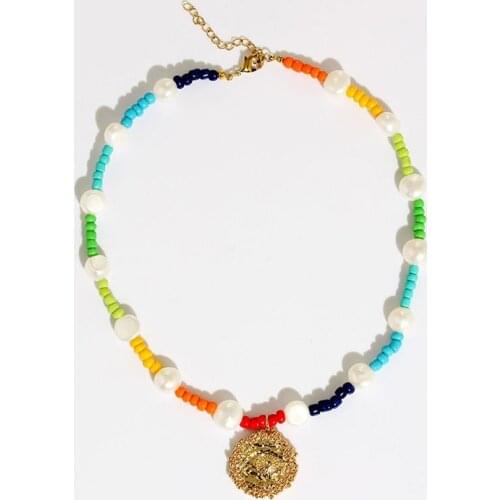 Evil eye pearl beads necklace for women big disc pendant colorful necklace bohemia outer banks summer beach jewelry ethnic