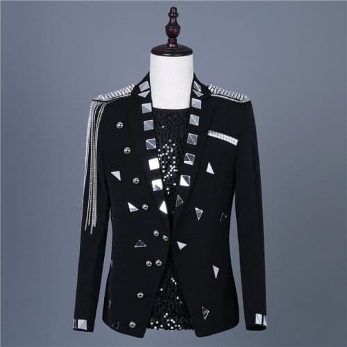 Celebrity Inspired Pattern Sequined Suit Rivet Bling Jacket New Mens Slim Fit Blazer Stage Play Night Club DJ Singer Blazer