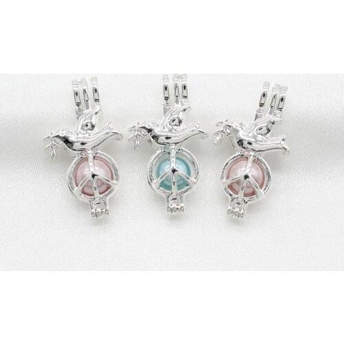 10pcs Bright Silver Peace Dove Pearl Cage Pendant Essential Oil Diffuser Lockets Perfume Necklace Charms for Oyster Pearl