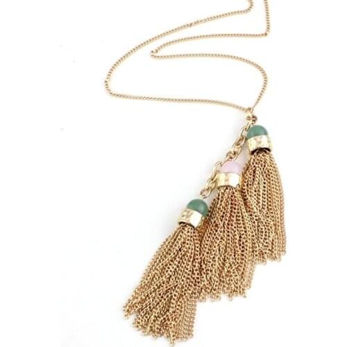2015 New pink Stone beads long necklace three Tassel Necklaces for women necklaces & pendants
