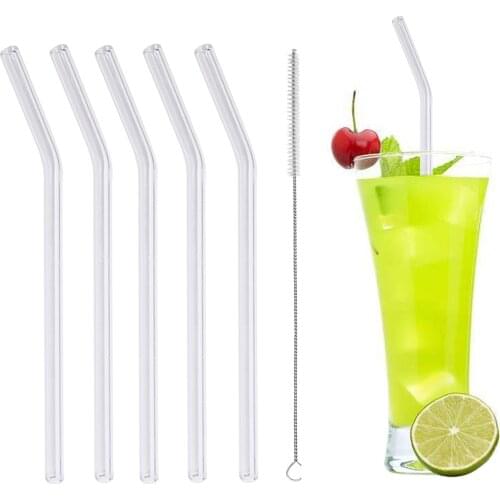Behogar 5pcs Clear Bent Friendly Drinking Glass Straws with 1pcs Cleaning Brush for Bar Drinking Cold Bevarage Sipping Coffee