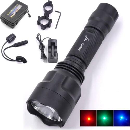 C8 cree red green blue led hunting flashlight fishing lamp 1mode gun scope mount remote switch charger for camping