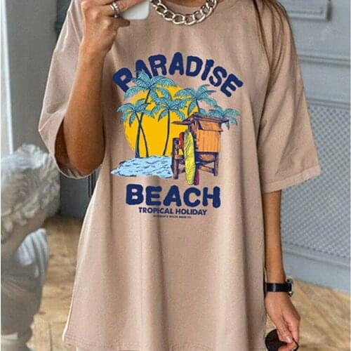 Harajuku Khaki Letter Print Tshirts Oversized T Shirt Women Summer Vintage Casual Loose Beach Tee Shirt Femme T-shirt Tops