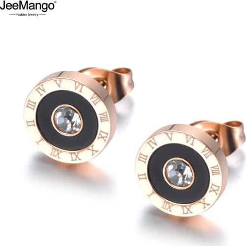 JeeMango Trendy Stainless Steel Black Acrylic Circle Roman Numeral Wedding Earrings For Women CZ Crystl Earrings Jewelry JE19072