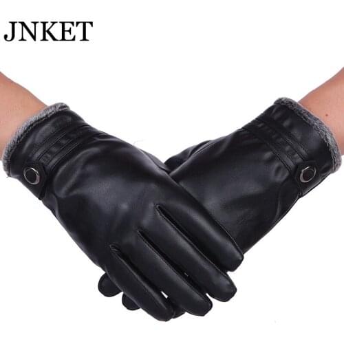 JNKET Winter Mens PU Leather Gloves Touch-screen Gloves Windproof Gloves Warm Coral Fleece Lining Outdoor Driving Gloves