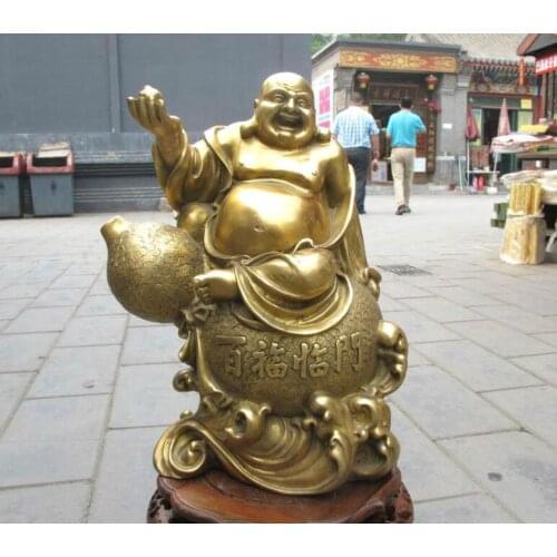 Chinese Buddhism Folk pure Brass Happy laughter Maitreya Buddha on gourd statue
