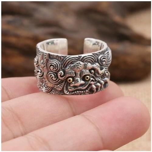 Handmade 925 Silver Pixiu Symbol Ring Vintage Sterling Piyao Symbol Ring Fengshui Good Luck Ring