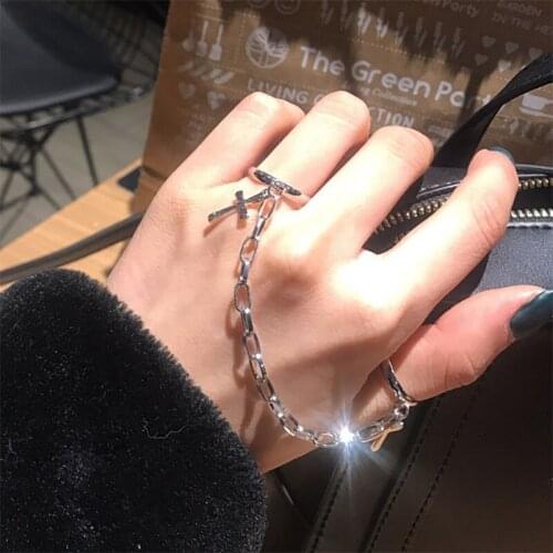 Gothic Hip hop Cross Punk Double Ring for Women Men Adjustable SilveryColor Cross Chain Ring Set Trendy Fashion Jewelry