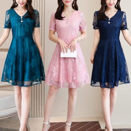 Lace Embroidered Summer Dress Women 2021 New Casual Short Sleeve Elegant Party Pink Black Midi Dresses Ladies Plus Size Vestidos