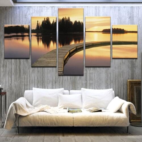 Canvas Art Print Modular Wooden Bridge Painting Poster Wall 5 Panel Sunset Picture For Home Decoration Sea Kids Room Framework