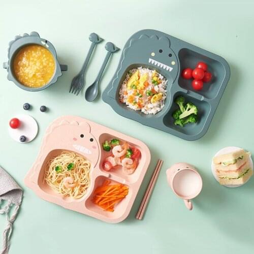 6-piece Set Childrens Dinosaur Tableware Divided Grid Plate Wheat Material Anti-drop Plate Baby Food Supplement Bowl Spoon