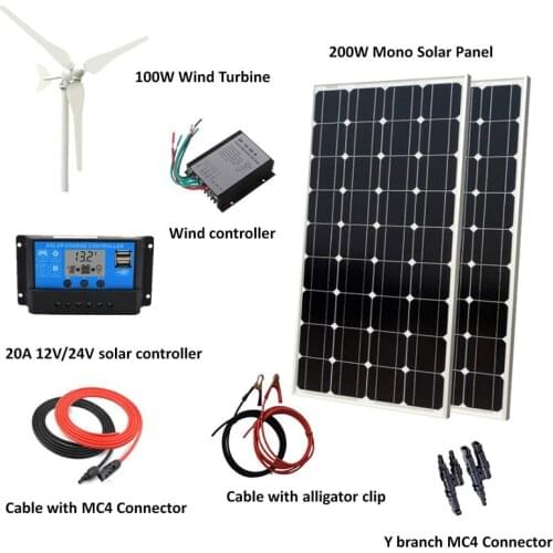 300W/H Hybrid System Kit: 100W Wind Turbine Generator+200W Mono Solar Panel+wind Controller+20A Solar controller+Accessories