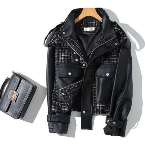 New Women Elegant Patchwork PU Jackets And Coat Women Full Sleeve Leather Outwear Female Overcoat