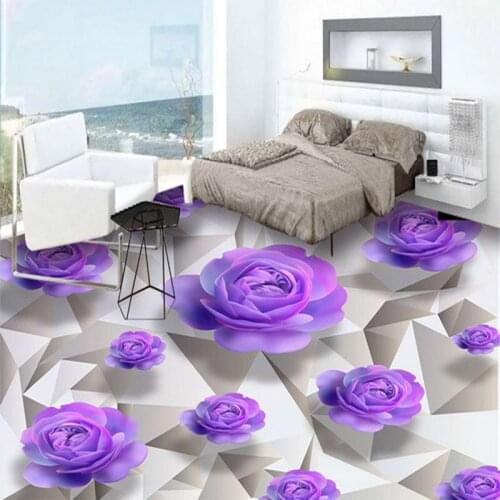 Custom Floor Wallpaper Modern Romantic Wall Murals Purple Roses Bathroom PVC Waterproof Self-adhesive Removeable Floor Wallpaper