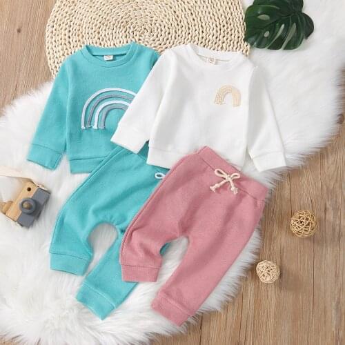 Lovely Baby Girls Boys Clothes Sets 0-24M Rainbow Print Long Sleeve Pullover Tops Elastic Pants