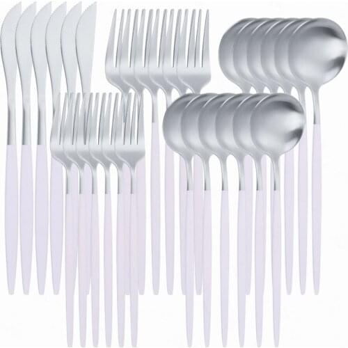 Luxury Tableware Creative Kitchen Utensils White Wedding Dinnerware Matte Silver Flatware Set Stainless Steel Tableware Sets