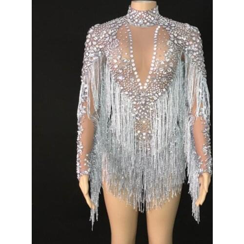 Silver Red Blue Crystals Fringe Leotard Outfit Birthday Celebrate Long Sleeves Tassel Bodysuit Dance Bar Women Singer Dresses
