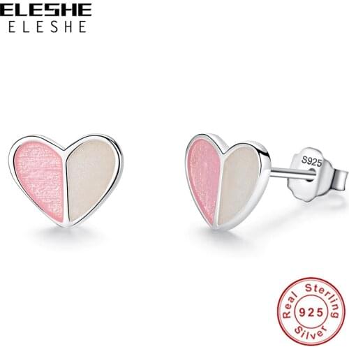 ELESHE 925 Sterling Silver Stud Earrings For Women Girls Kids Pink Enamel Love Heart Small Earrings Boucle d'oreille Femme Gifts