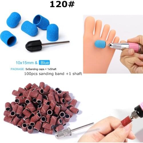 1 set 100pcs Sanding Bands 5pcs 10*15mm Block Caps Gel Remover Manicure Pedicure Electric Nail Drill Bits Cutter Grit 80/120/180