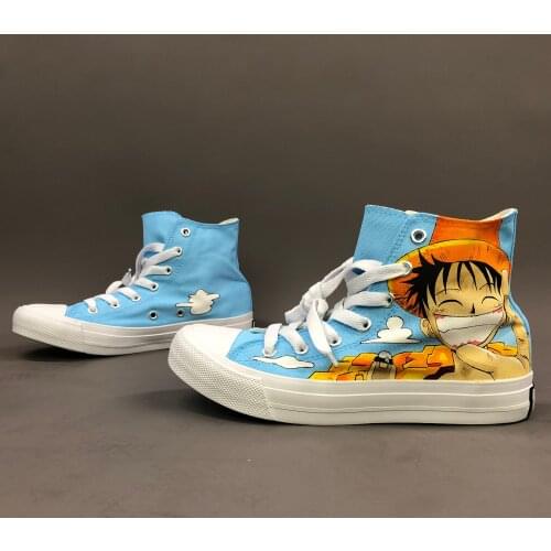 Wen Design Hand Painted Shoes One Piece Luffy Laughs High Top Anime Canvas Shoes for Boy Girl Skateboard Sneakers Unisex