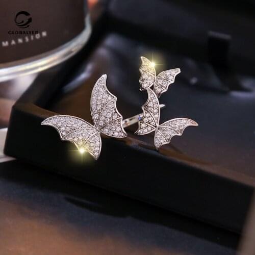 Japanese style luxury Flash crystal micro inlaid zircon open index finger ring INS same super fairy three butterfly ring 566