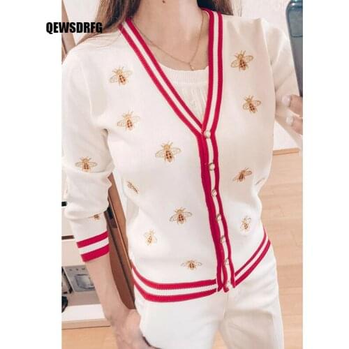 Real shot women Designer Bee Embroidery Cardigan Long Sleeve Single Breasted Contrast Color Button Knitted Sweaters womens