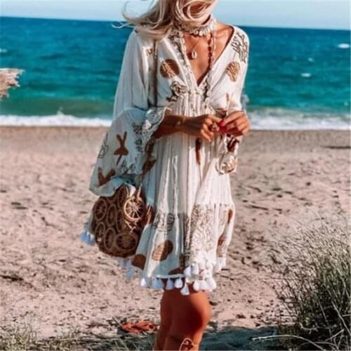 Women Summer Vacation V-Neck Dress Tassel Sundress Flare Sleeve Boho Lady Beach Short Dress Female Loose Vintage Beach Dresses