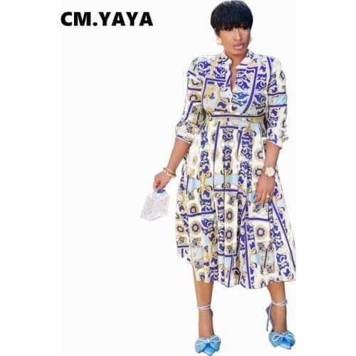 CM.YAYA Women Midi Dress Print Three Quarter Sleeve Single Breasted A-line Dresses Office Lady Vintage Vestidos Summer Outfits