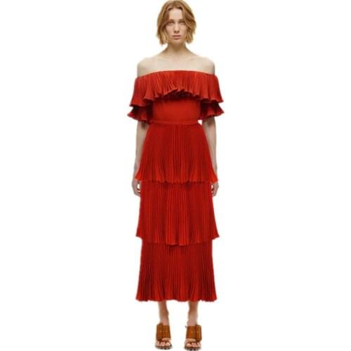 Self Portrait Summer Runway Beach Dress Women Sexy Off Shoulder Cascading Ruffles Pleated Dress Split White Long Maxi Dress A935