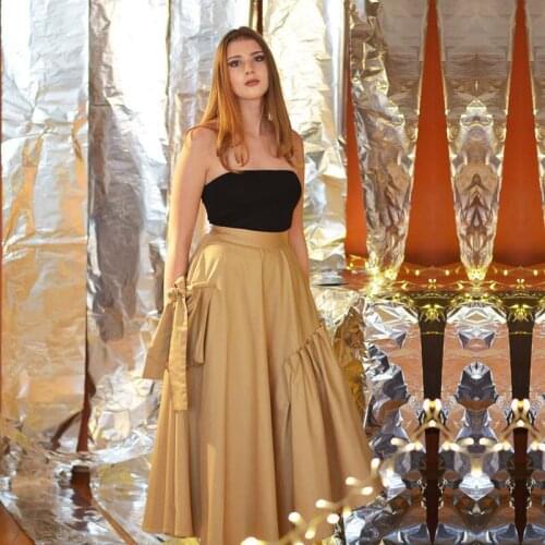 Gold Women Skirts With Ribbons Saias Pleated A Line High Waist jupe femme Satin Ankle Length Female Skirts