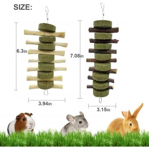 2 Types Chew Toys for Rabbit Guinea Pig Chinchilla Teeth Grinding Cage Hanging Toy, Timothy Hay Cake Apple Tree Branch