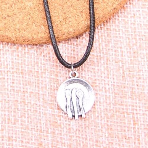 20Pcs Antique Silver Color kitchen tableware fork spoon Pendant 20*15mm Leather Chain Necklace Black Leather Cord Necklace