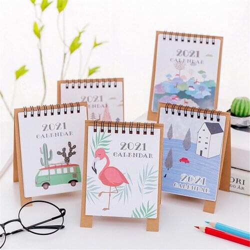 2021 Hand Drawing Mini Flamingo Desktop Paper Calendar Fresh Cartoon Dual Daily Scheduler Table Planner Yearly Agenda Organizer