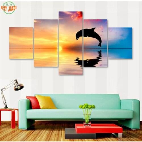 4 piece or 5 Piece Canvas Art GROUP OF JUMPING ONE DOLPHINS AT SUNSET HD Paintings Decoration For Home art Prints Canvas B239