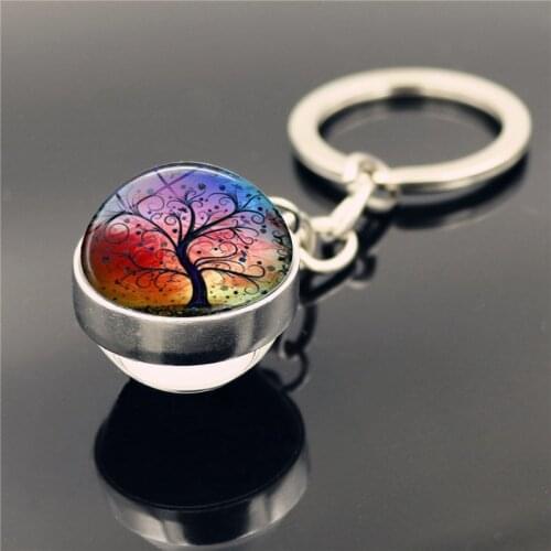 Tree of Life Keychain Jewelry with Silver Color Double Side Glass Ball Keychain Life Tree Car Keychain Ring for Unisex