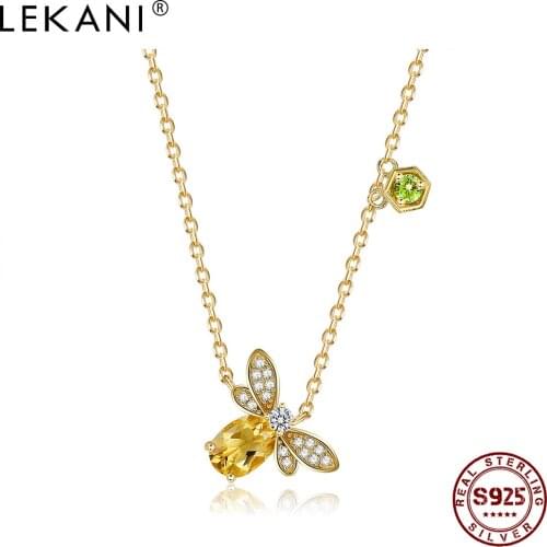 LEKANI Cute Bee 925 Sterling Silver Pendant Necklace For Women Gold Color 5A Clear Cubic Zircon Necklaces Engagement Jewelry