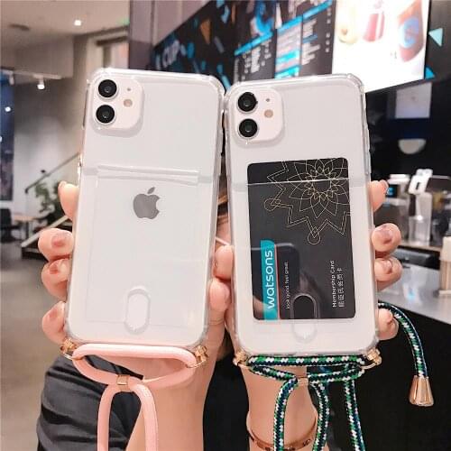 Crossbody Lanyard Rope Card Slot Holder Phone Case For iPhone 11 12 Pro Max Mini XS X XR 6 8 7 Plus SE Soft Silicone Clear Cover