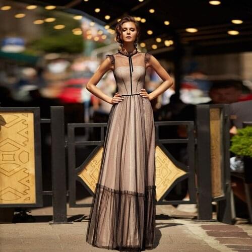 Black High Neck Evening Dresses 2021 See Through Tulle Formal Party Dresses Ceremony Party Prom Celebrity Gown