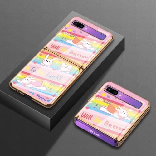 FOR Samsung zflip mobile phone case f700f protective case f7000 plating 5g folding f7070 glass rainbow cute rabbit girl